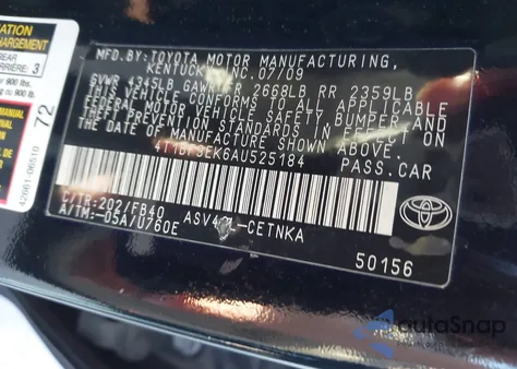 2010 Toyota Camry Le из США, поврежденный, VIN 4T1BF3EK6AU525184